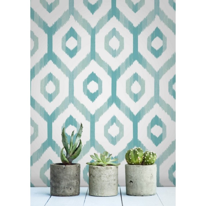 Papel pintado celosía geométrica estilo nórdico tonos celeste turquesa - Hendel 679755