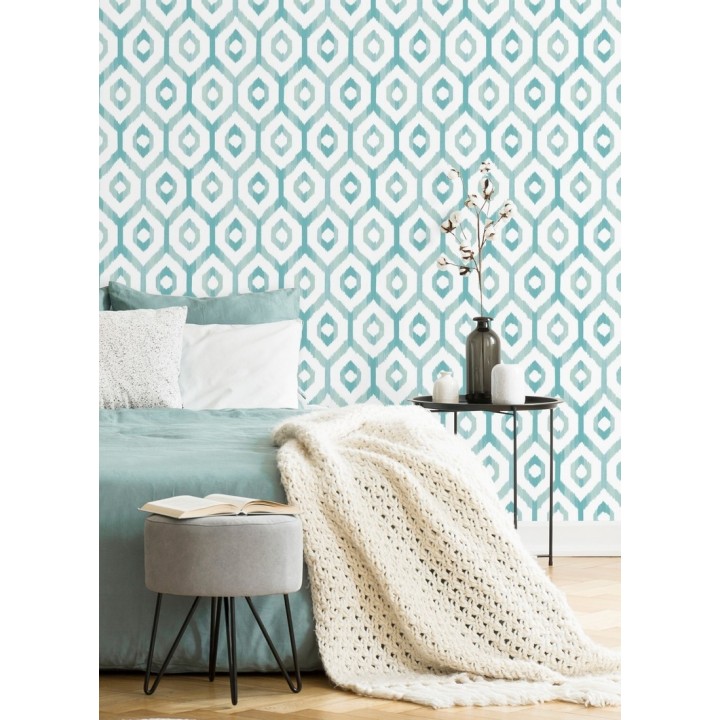 Papel pintado celosía geométrica estilo nórdico tonos celeste turquesa - Hendel 679755