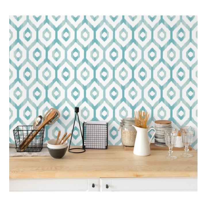 Papel pintado celosía geométrica estilo nórdico tonos celeste turquesa - Hendel 679755