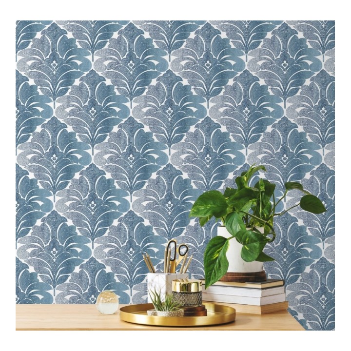 Papel pintado damasco floral moderno tonos azules - Villa Borghese 679758