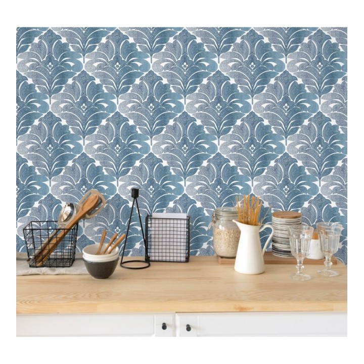 Papel pintado damasco floral moderno tonos azules - Villa Borghese 679758