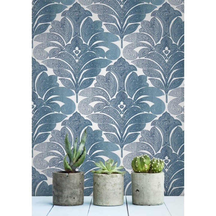 Papel pintado damasco floral moderno tonos azules - Villa Borghese 679758