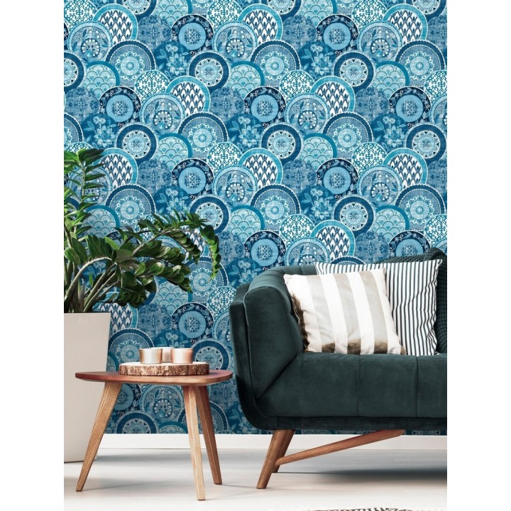 Papel pintado mandalas estilo hindú azul - Bohemian Plates 679761