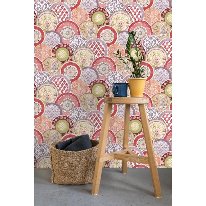 Papel pintado mandalas estilo hindú multicolor tonos palidos - Bohemian Plates 679762