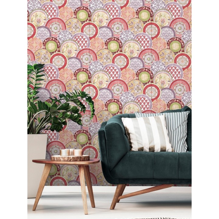 Papel pintado mandalas estilo hindú multicolor tonos palidos - Bohemian Plates 679762