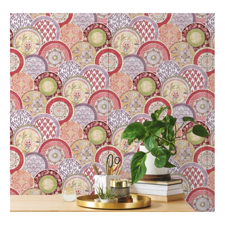 Papel pintado mandalas estilo hindú multicolor tonos palidos - Bohemian Plates 679762