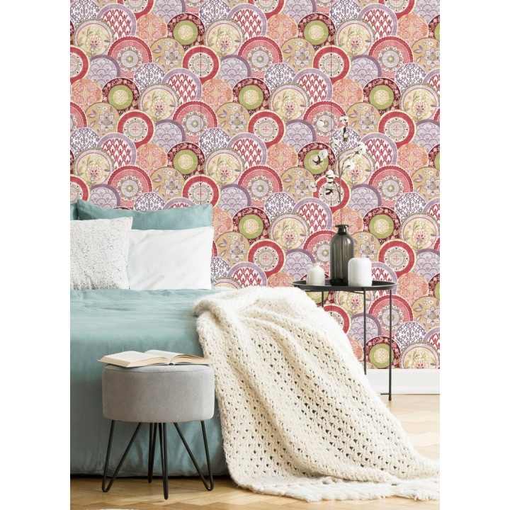 Papel pintado mandalas estilo hindú multicolor tonos palidos - Bohemian Plates 679762