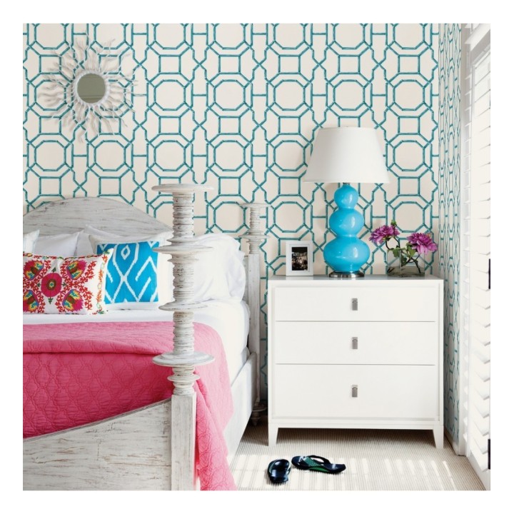 Papel pintado geométrico enrejado moderno turquesa - Montecarlo 679763