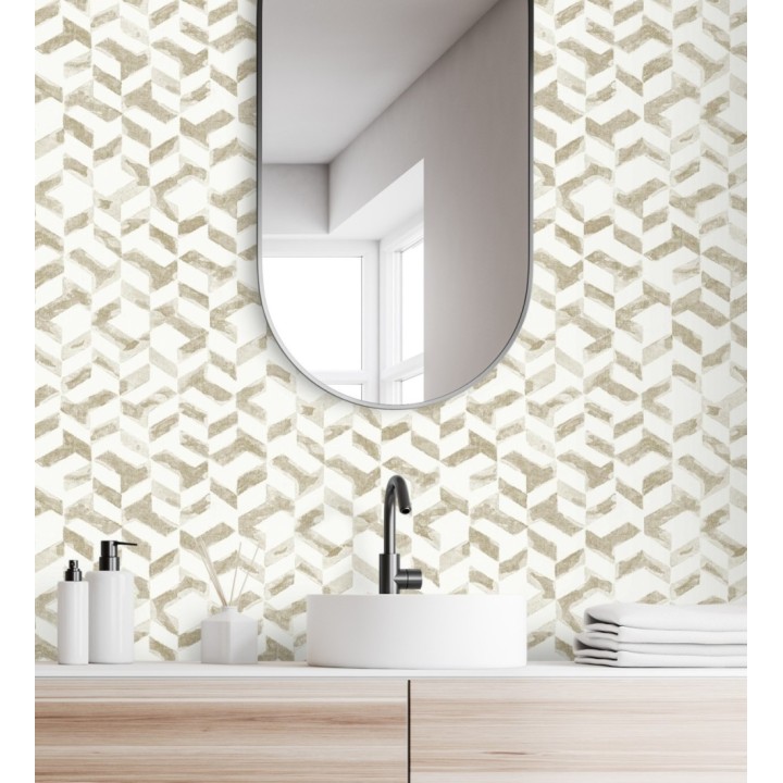 Papel pintado de estilo moderno beige metalizado - Kenmore 679781