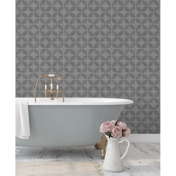 Papel pintado geométrico de círculos entrelazados tono gris oscuro - Clarkson 679793