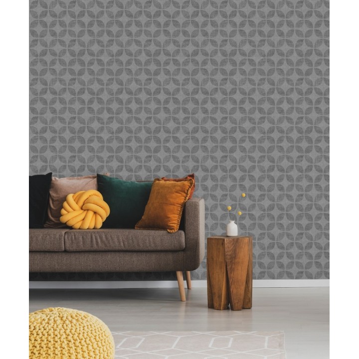 Papel pintado geométrico de círculos entrelazados tono gris oscuro - Clarkson 679793