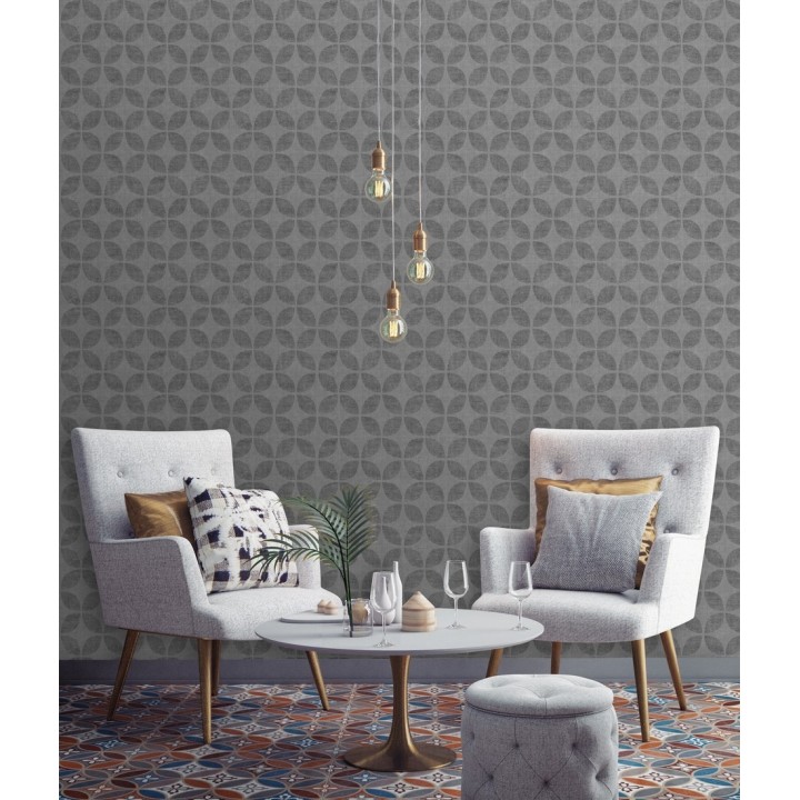Papel pintado geométrico de círculos entrelazados tono gris oscuro - Clarkson 679793