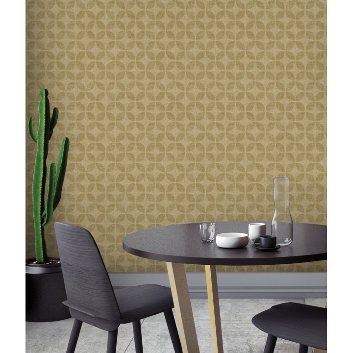 Papel pintado geométrico de círculos entrelazados tonos dorado envejecido - Clarkson 679794
