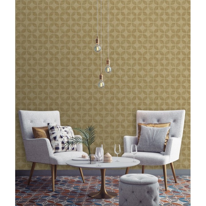 Papel pintado geométrico de círculos entrelazados tonos dorado envejecido - Clarkson 679794
