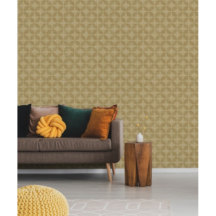Papel pintado geométrico de círculos entrelazados tonos dorado envejecido - Clarkson 679794