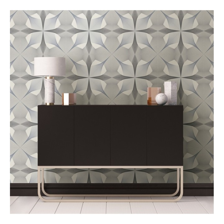 Papel pintado de dibujo fractal tonos negro y azul metalizado fondo gris claro - Edison House 679805