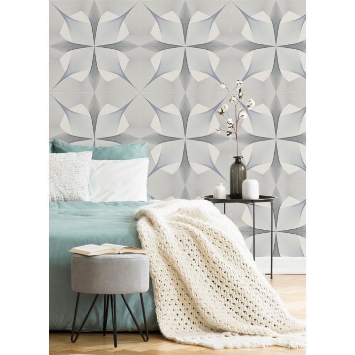 Papel pintado de dibujo fractal tonos negro y azul metalizado fondo gris claro - Edison House 679805