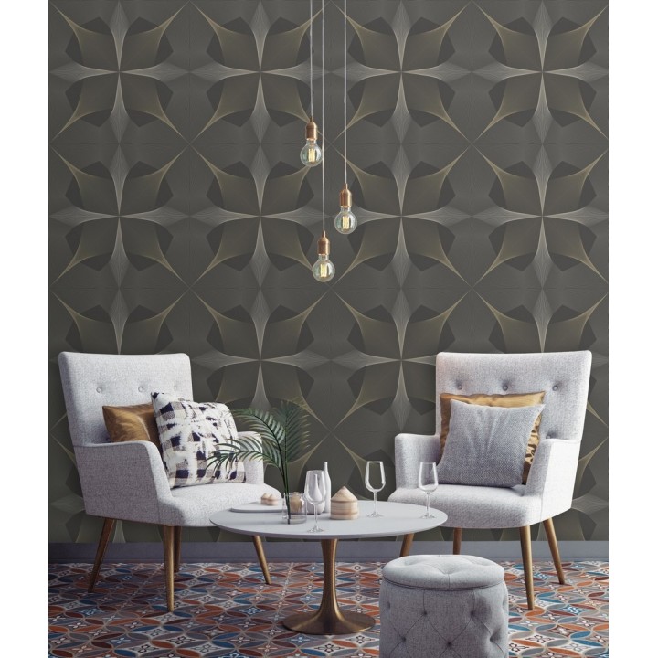 Papel pintado de dibujo fractal tonos bronce metalizado fondo gris mate - Edison House 679806