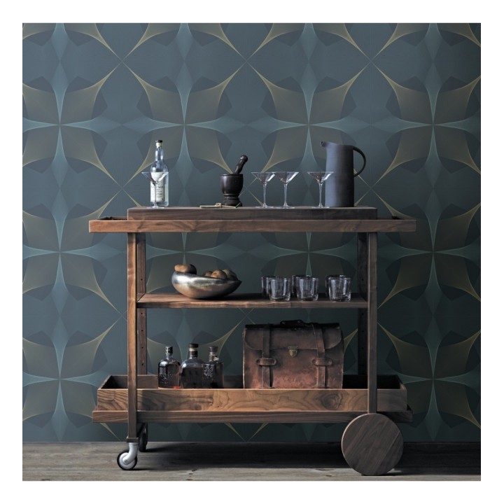 Papel pintado de dibujo fractal tonos azules y broces metalizados fondo azul oscuro mate - Edison House 679807