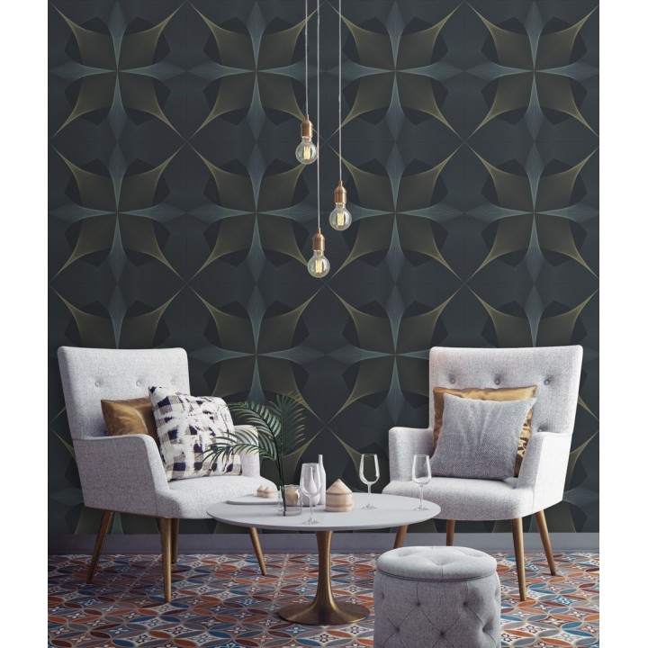 Papel pintado de dibujo fractal tonos azules y broces metalizados fondo azul oscuro mate - Edison House 679807