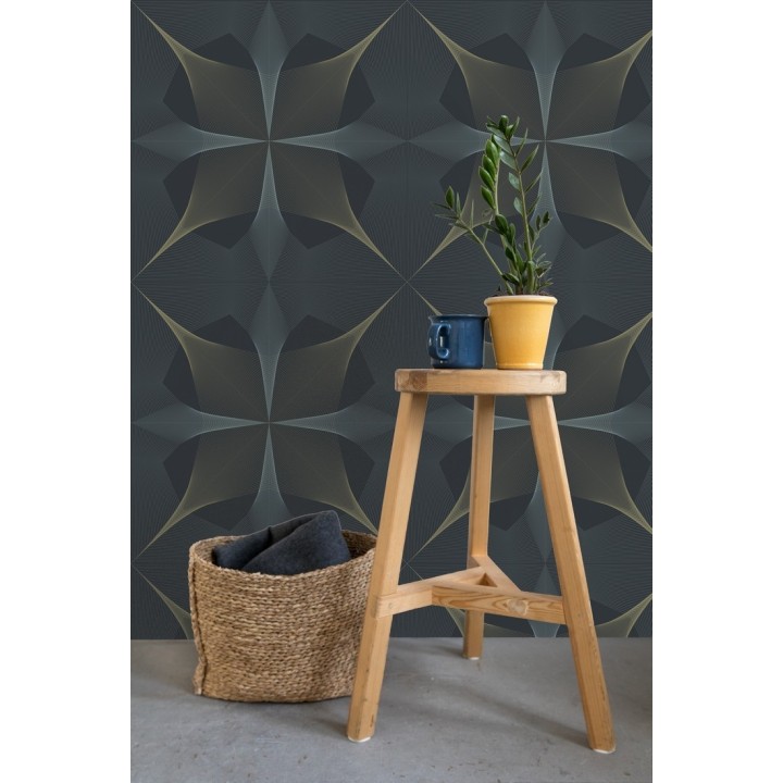 Papel pintado de dibujo fractal tonos azules y broces metalizados fondo azul oscuro mate - Edison House 679807