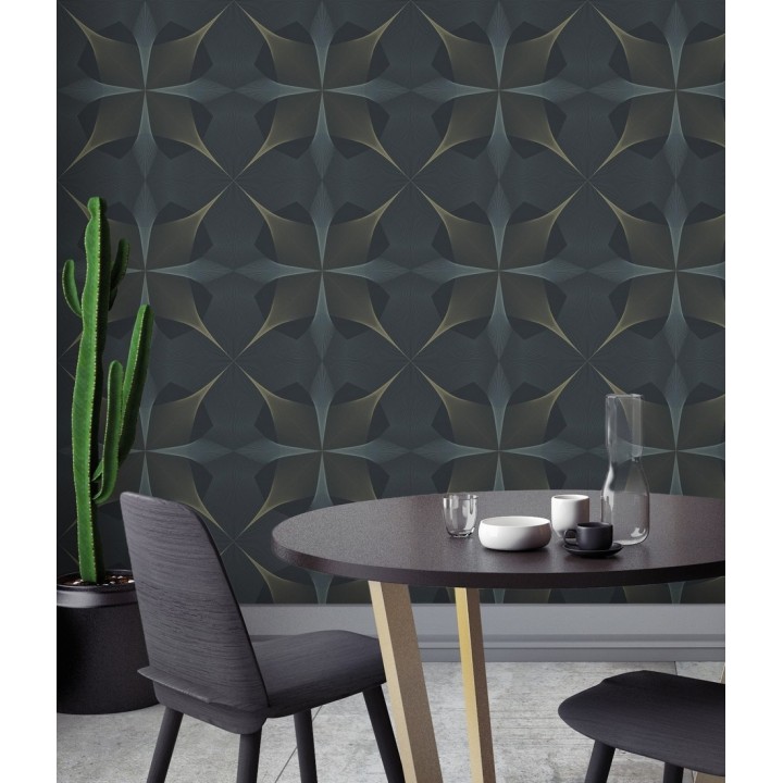 Papel pintado de dibujo fractal tonos azules y broces metalizados fondo azul oscuro mate - Edison House 679807