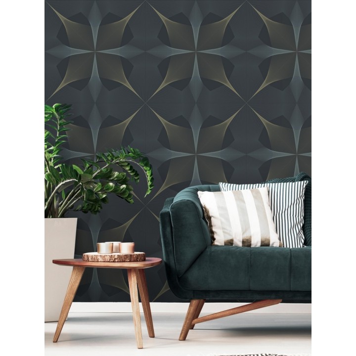 Papel pintado de dibujo fractal tonos azules y broces metalizados fondo azul oscuro mate - Edison House 679807