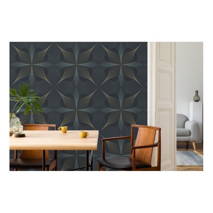 Papel pintado de dibujo fractal tonos azules y broces metalizados fondo azul oscuro mate - Edison House 679807