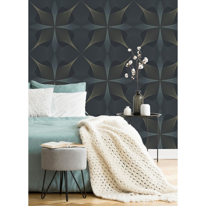 Papel pintado de dibujo fractal tonos azules y broces metalizados fondo azul oscuro mate - Edison House 679807