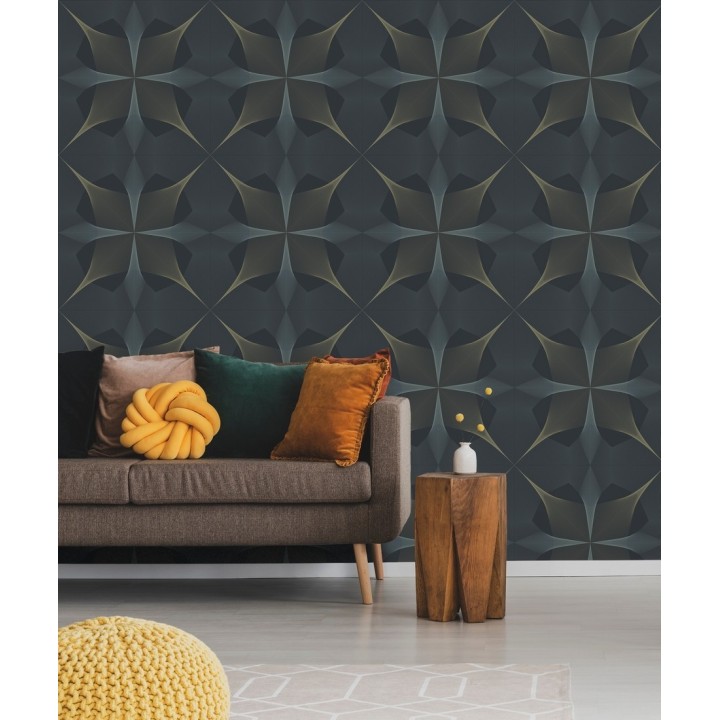 Papel pintado de dibujo fractal tonos azules y broces metalizados fondo azul oscuro mate - Edison House 679807