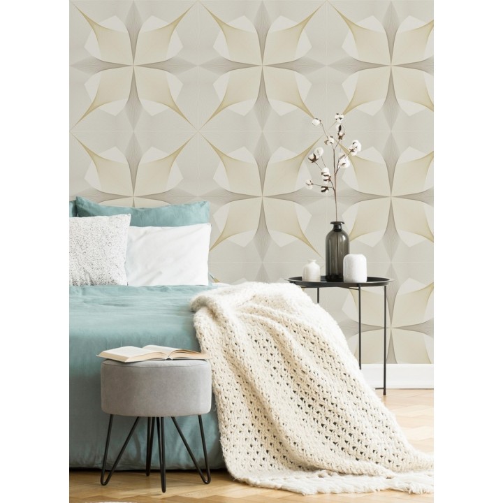 Papel pintado de dibujo fractal tono dorado metalizado fondo blanco roto - Edison House 679808