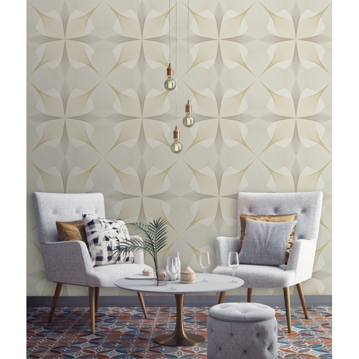 Papel pintado de dibujo fractal tono dorado metalizado fondo blanco roto - Edison House 679808