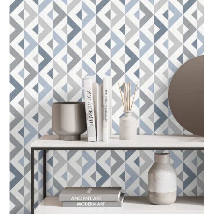 Papel pintado geométrico efecto textil tonos azules y grises - Geometric House 679822