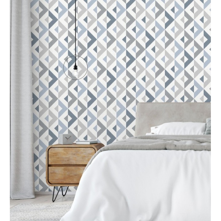 Papel pintado geométrico efecto textil tonos azules y grises - Geometric House 679822