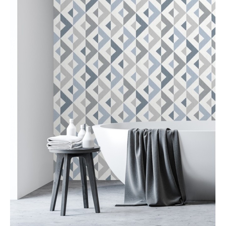 Papel pintado geométrico efecto textil tonos azules y grises - Geometric House 679822