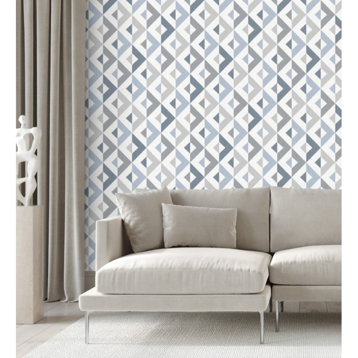 Papel pintado geométrico efecto textil tonos azules y grises - Geometric House 679822