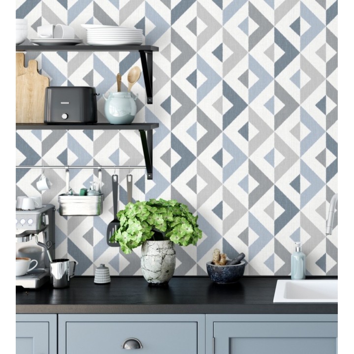 Papel pintado geométrico efecto textil tonos azules y grises - Geometric House 679822