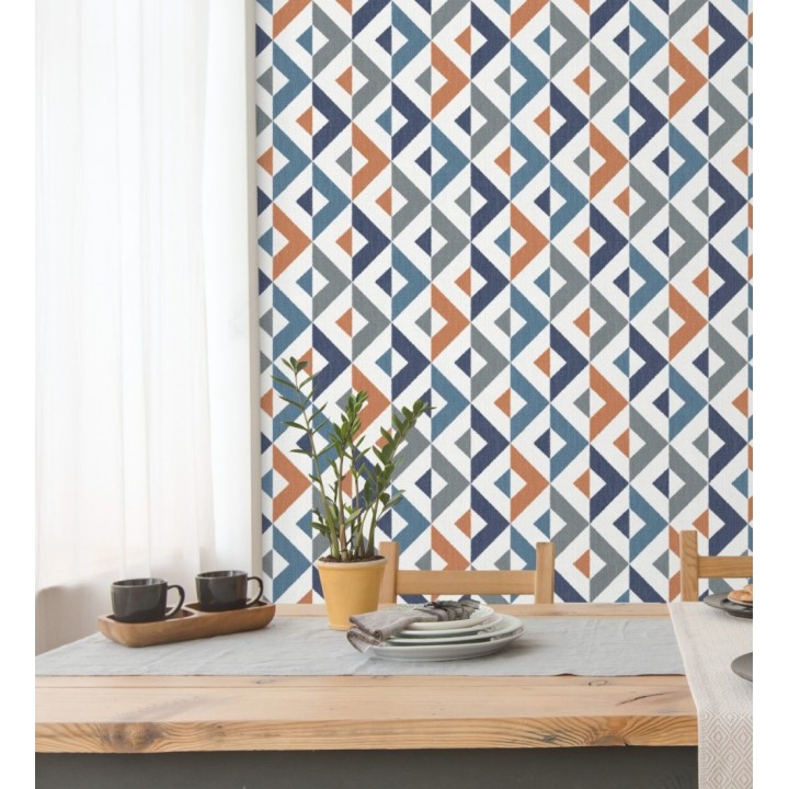 Papel pintado geométrico efecto textil azul y teja - Geometric House 679823