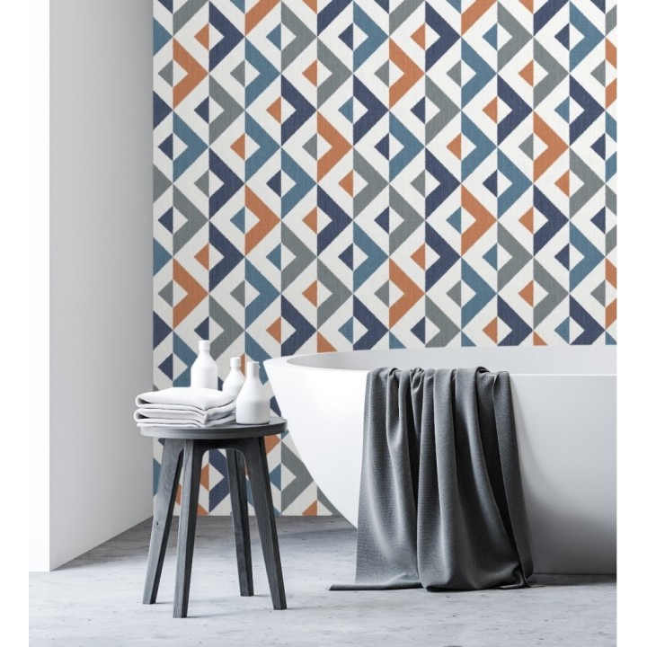 Papel pintado geométrico efecto textil azul y teja - Geometric House 679823