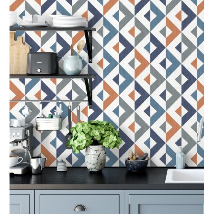 Papel pintado geométrico efecto textil azul y teja - Geometric House 679823