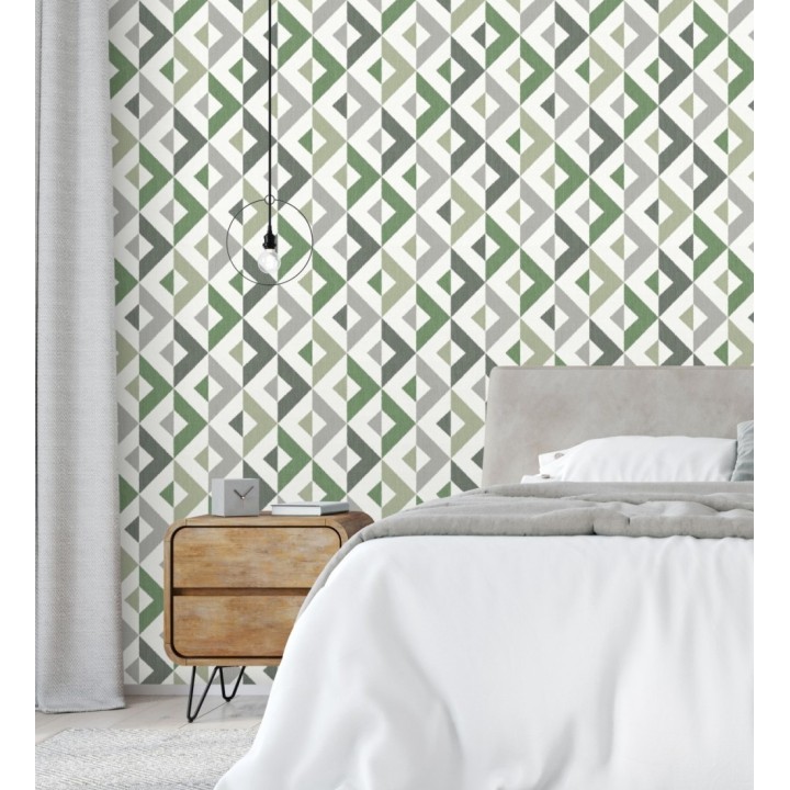 Papel pintado geométrico efecto textil tonos verdes - Geometric House 679824
