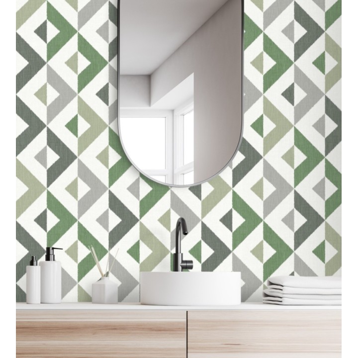 Papel pintado geométrico efecto textil tonos verdes - Geometric House 679824