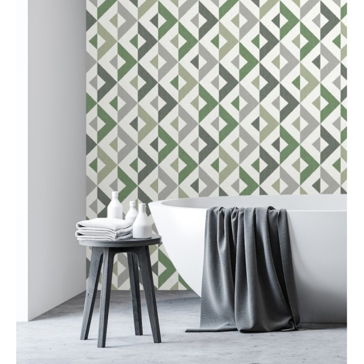 Papel pintado geométrico efecto textil tonos verdes - Geometric House 679824