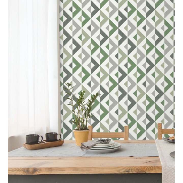 Papel pintado geométrico efecto textil tonos verdes - Geometric House 679824