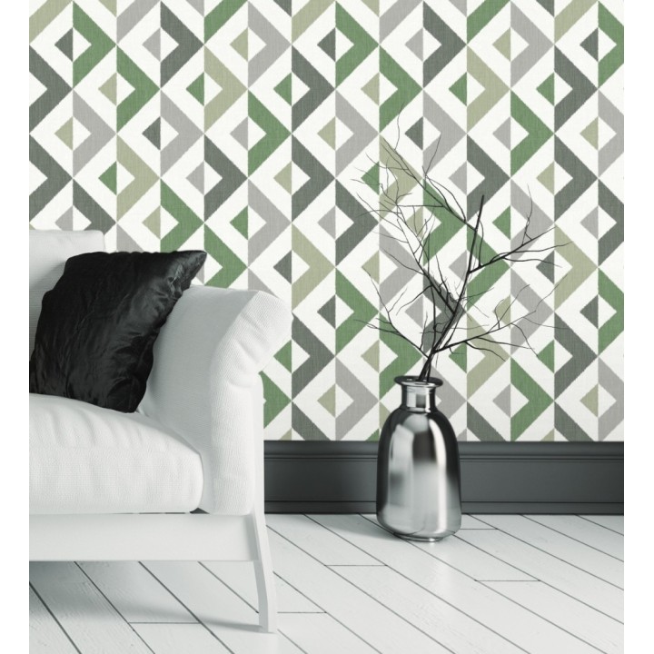 Papel pintado geométrico efecto textil tonos verdes - Geometric House 679824