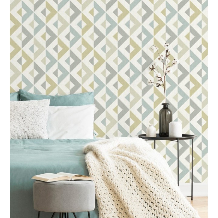 Papel pintado geométrico efecto textil turquesa y lima - Geometric House 679825