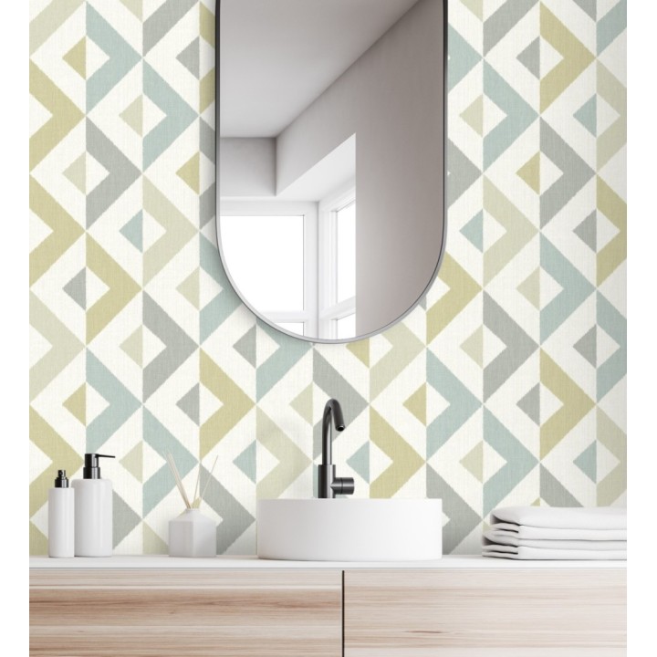Papel pintado geométrico efecto textil turquesa y lima - Geometric House 679825