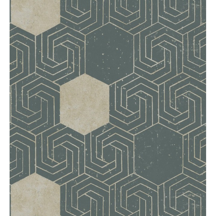 Papel pintado geométrico hexagonal color aluminio dorado fondo verde pálido mate - Kendal 679826