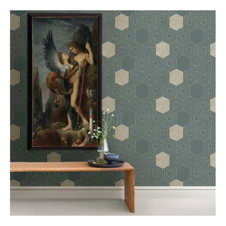 Papel pintado geométrico hexagonal color aluminio dorado fondo verde pálido mate - Kendal 679826