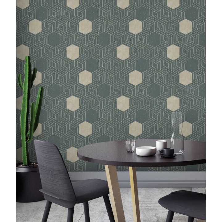 Papel pintado geométrico hexagonal color aluminio dorado fondo verde pálido mate - Kendal 679826